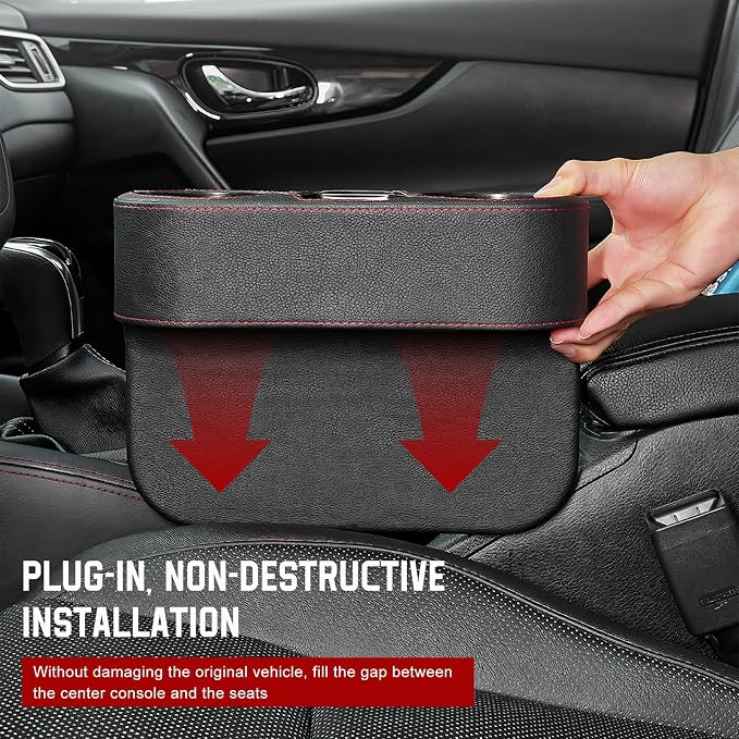 Car Cup Holder Gap Filler Organizer, Multifunctional Car Console Side Organizer with 2 Cup Holders, Leather Seat Gap Filler Portable Drink Holders Storage Box for Most Vehicles (Carbon Fiber)