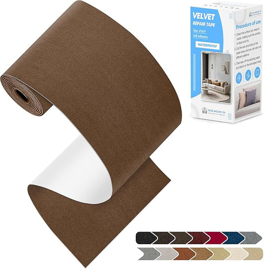KING MOUNTAIN Couch Fabric Repair Patch, Fabric Patches for Furniture, 4" x 63" Waterproof Velvet Repair Tape for Sofas, Car Seats, Furniture, Upholstery Fabrics and Velvet Goods. （Brown）