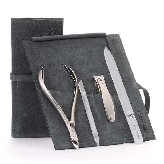 GERMANIKURE 4pc Manicure Set in Light Gray Suede Case - FINOX Stainless Steel Tools Made in Germany, Glass Nail Care Supplies Made in Czech Republic – Professional Cuticle and Nail Care Kit