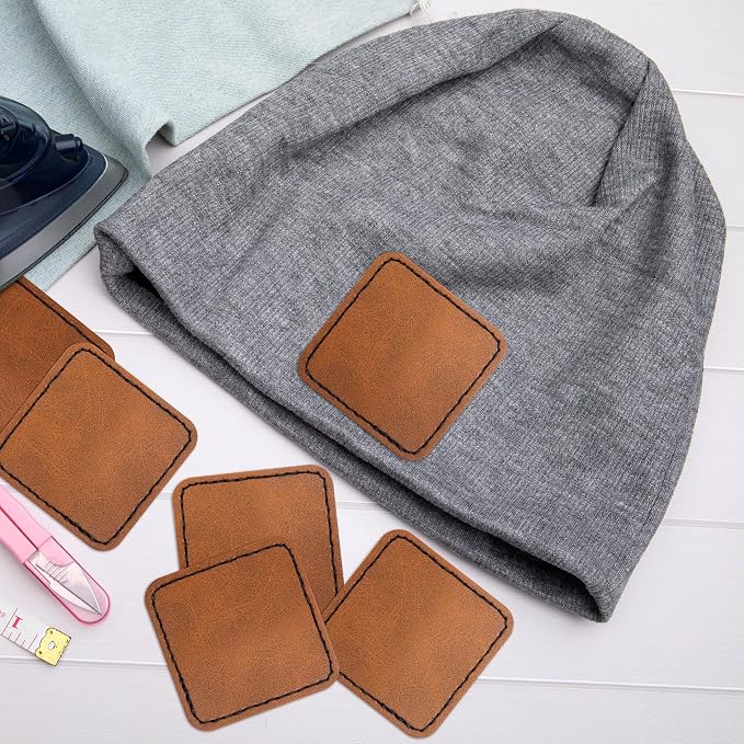 SmallCat 10 PCS Square Leather Patches for Hats, Iron on Blank Patches, Artificial Leather Patches for Laser Engraving, Repair Patches for DIY Sewing Crafts for Hats, Jackets, Jeans - Khaki
