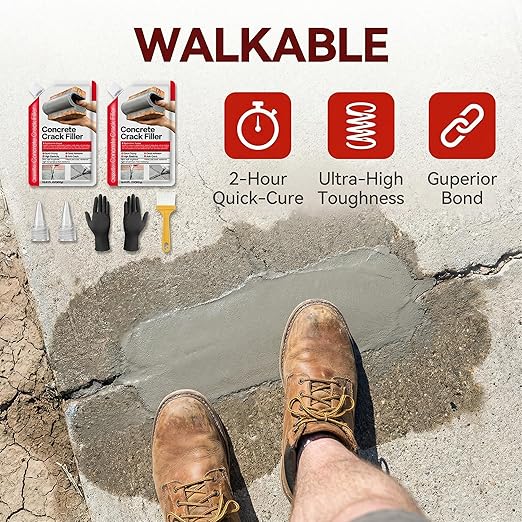 Concrete Crack Filler 6-Pack 6.6LB Grey, Self-Leveling High Elasticity Cement Sealant, Waterproof Repair Caulk for Driveway, Patio, Sidewalk, Garage, Basement– Professional-Grade Durability