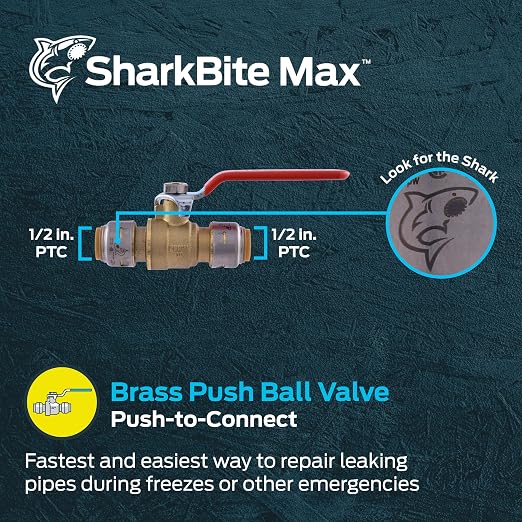SharkBite Max 1/2 x 1/2 in PTC Ball Valve, Push-to-Connect Brass Water Shut-Off Plumbing Fitting, UR22222
