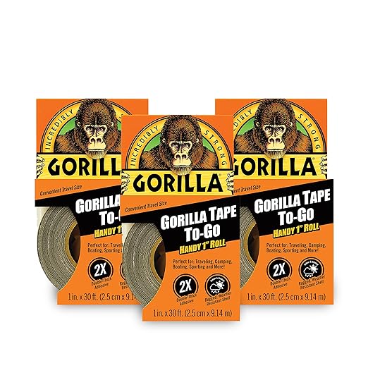 Gorilla Tape, Mini Duct Tape to-Go, 1" x 10 yd Travel Size, Black, (Pack of 3)