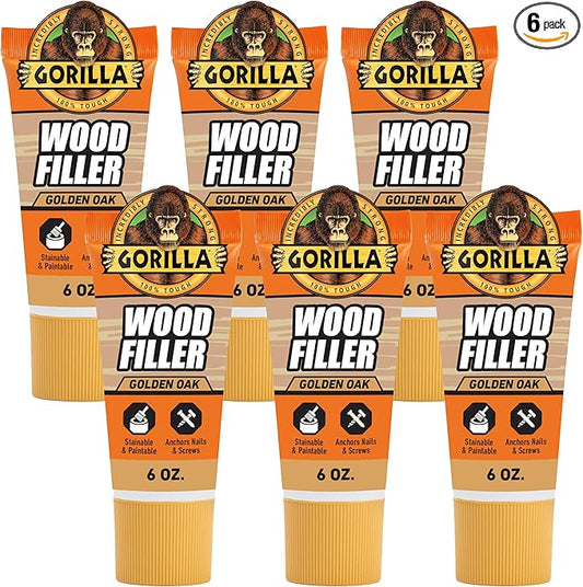 Gorilla All Purpose Wood Filler, Golden Oak Color, 6 Ounce Tube (Pack of 6) - Water Resistant for Indoor or Outdoor Projects and Repairs