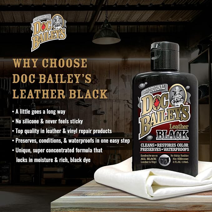 Doc Bailey's Leather Black - Black Leather Dye, Conditioner & Restorer, 4-in-1 Cleaner & Waterproofer for Car Seats, Motorcycle Seats, Jackets, Boots, Couches & Furniture - Detail Kit 4oz, 2-Pack