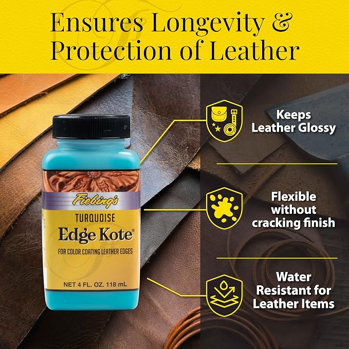 Fiebing's Edge Kote (4oz, Turquoise) - Leather Edge Paint for Shoes, Furniture, Purses, Couches, Belts - Flexible, Water Resistant, Semi Gloss Color Coating Leather Dye to Protect Natural Edges