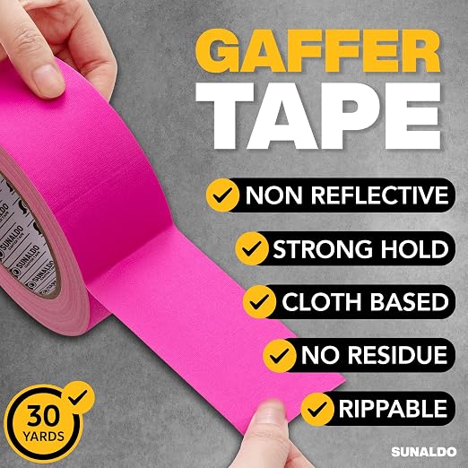 Gaffers Tape Heavy Duty, Easy to Rip, Residue-Free Professional Grade Floor Tape for Electrical Cords, Matte Finish Non Reflective, Weather Resistant (1, Pink, 2" x 30 Yards)