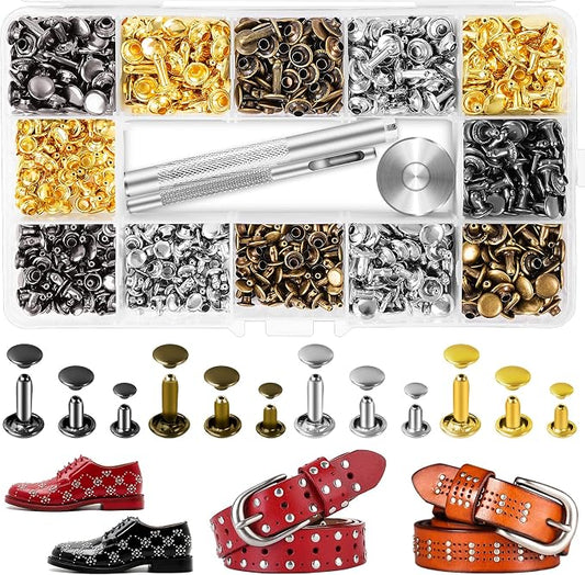 240 Sets Leather Rivets Kit, Double Cap Brass Rivets Leather Studs with 3PCS Setting Tools for Leather Repair and Crafts, 4 Colors and 3 Sizes