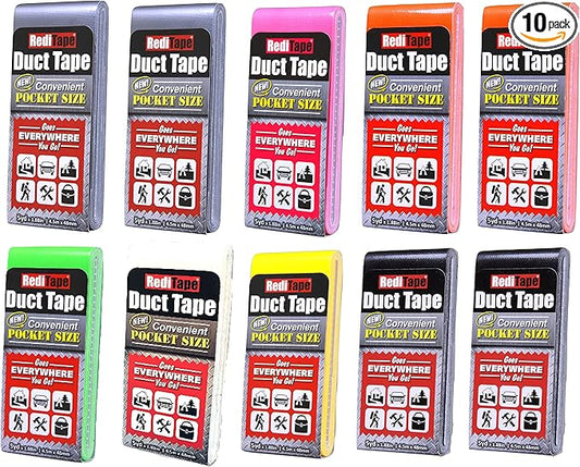 Travel Size Pocket Duct Tape 10-Pack | 1.88 inches x 5 Yards per Flat Pack (10-Pack, Rainbow Assortment)