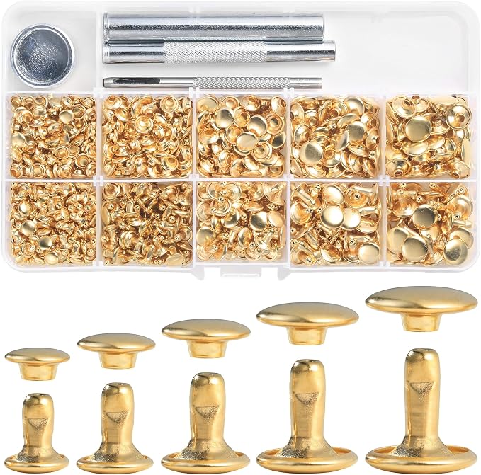 YORANYO 340 Sets Leather Rivets Kit Mixed Sizes Rivets for Leather Double Cap Rivets Studs for Clothing Fabric with Leather Crafting Rivet Tool for Repair Decorate Clothes Shoes Bags Belts (Gold)