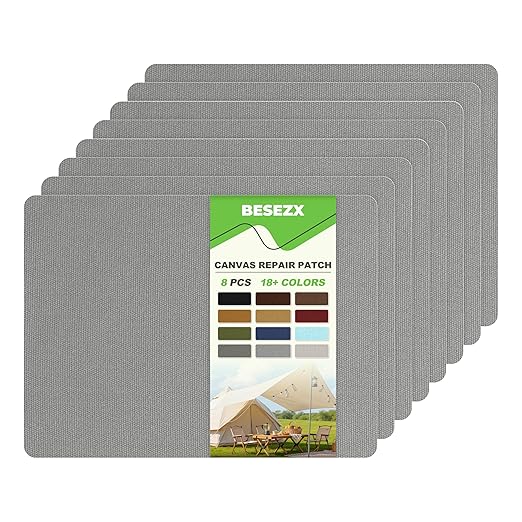 Besezx Canvas Repair Patch,Outdoor Gear Patch, 7.87x5.9 Inches 8PCS,Waterproof Self-Adhesive Fabric Repair Tape for Repairing Boat Covers,Sun Shades,Sofas,Tents,Lounge Chairs,Awnings (Grey)