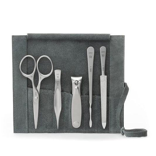 GERMANIKURE 5pc Manicure Set with Mustache Scissors in Light Gray Suede Case - Made in Germany, FINOX Stainless Steel Tools – Professional Mens Grooming Kit