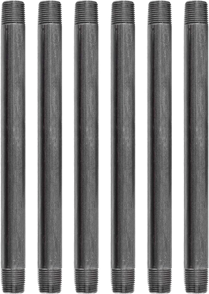 PIPE DÉCOR 1/2” x 10” Malleable Cast Iron Pipe Nipple, Pre Cut Connectors, Industrial Steel Grey Fits Standard Half Inch Black Threaded Pipes Nipples and Fittings, Build Vintage DIY Furniture, 6 Pack