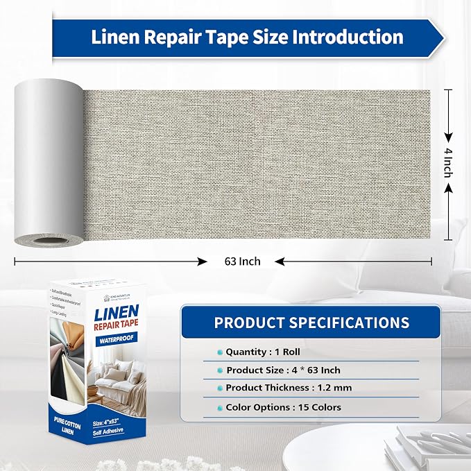 KING MOUNTAIN Linen Repair Patches, Self-Adhesive Fabric Patches, 4 X 63 inch Extra Size, Multi Color, Can be Used for Sofa Repair (Cream-Gray 1.0)
