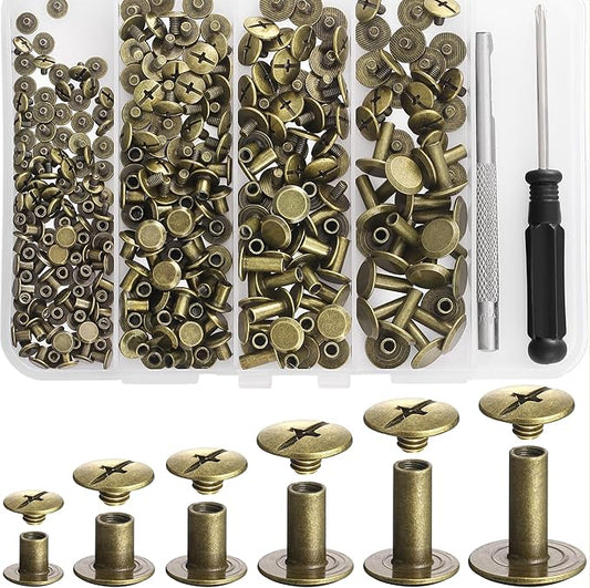 YORANYO 140 Sets Chicago Screws Leather Rivets Kit for Fabric Leather Crafting 6 Sizes Chicago Binding Screws for Decorate and Repair Belt Bag Shoes Purse Pet Collar Clothing Bookbinding (Bronze)