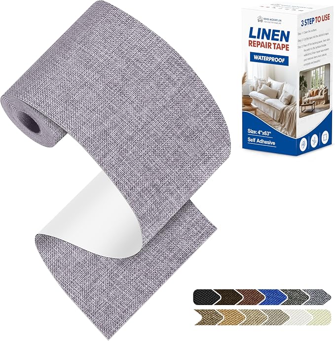 KING MOUNTAIN Linen Repair Patches, Self-Adhesive Linen Fabric Patches, 4 X 63 inch Extra Size, Multi Color, Can be Used for Linen Sofa Repair (Light Grey)