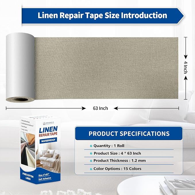 KING MOUNTAIN Linen Repair Patches, Self-Adhesive Fabric Patches, 4 X 63 inch Extra Size, Multi Color, Can be Used for Sofa Repair （Khaki1.0