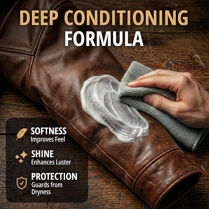 Eagle Leather Jacket Conditioner- Leather Lotion with Cloth for Boots, Jackets, Purses, Handbags & Bags – Lanolin & Natural Oils to Clean, Condition, Restore & Protect All Leather Colors