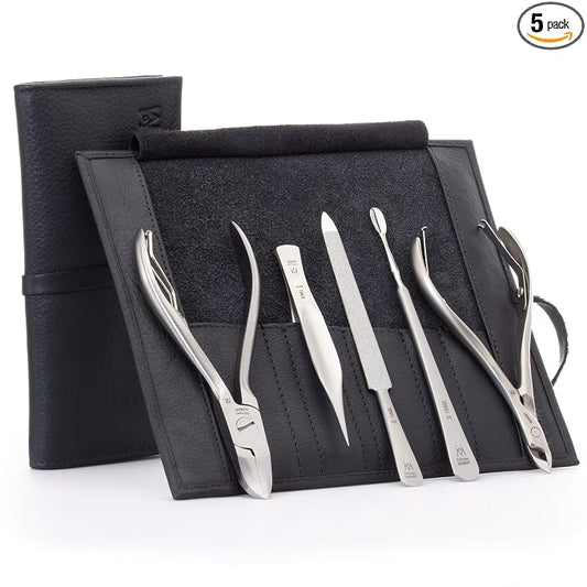 GERMANIKURE 5pc Manicure Set in Black Leather Case - Made in Germany, FINOX Stainless Steel Tools – Professional Mens Grooming Kit