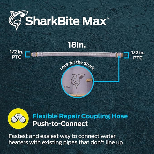 SharkBite Max 1/2 Inch x 1/2 Inch x 18 In. Braided Flexible Repair Coupling Hose, Push-to-Connect Brass Plumbing Fitting, UR3008FX18