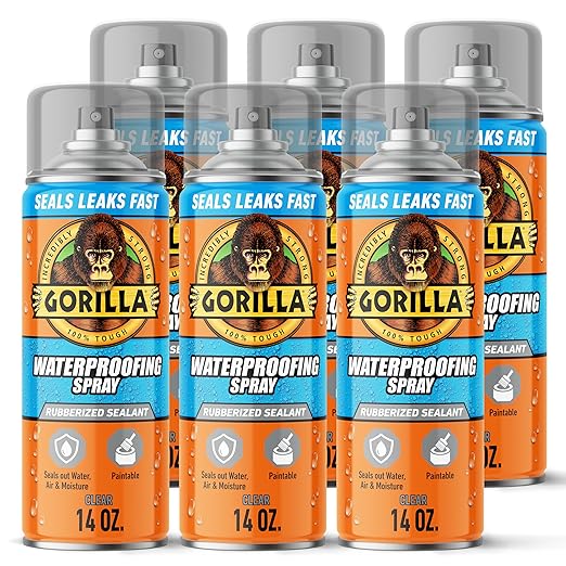 Gorilla Waterproofing Spray Clear, Flexible Rubberized Sealant Coating, Paintable UV Resistant, Seals Water Air Moisture, 14 oz (Pack of 6), for Roofs Gutters Skylights RVs Windows & More