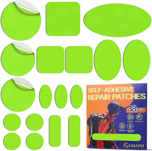 Down Jacket Repair Patch Kit, Outdoor Gear Tenacious Repair Tape, Self Adhesive Fabric Patches for Clothes, Waterproof Ripstop Nylon Fabric Patch for Puffer Jacket, Coat, Tent (18 Pcs, Neon Green)