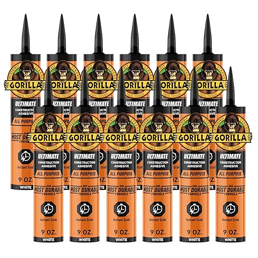 Gorilla Construction Adhesive Ultimate, 9 ounce Cartridge, White (Pack of 12)