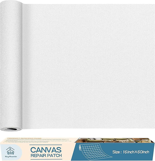 KING MOUNTAIN Canvas Repair Patch 16×60 Inch Self-Adhesive Waterproof Fabric Patch for Sofas, Tents, Furniture,Tote Bags, Car Seats (White)