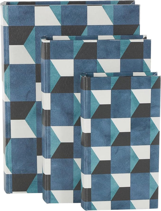 Deco 79 Faux Leather Decorative Box Faux Book Storage Book Shaped Boxes with Black and White Geometric Patterns, Set of 3 Decorative Keepsake Boxes 13", 11", 9"H, Blue