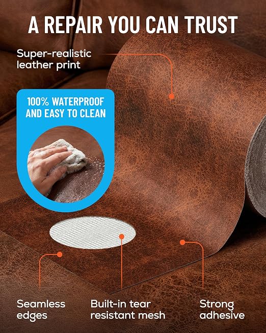 MATCH 'N PATCH Brown Leather Repair Tape, 4.50" x 30' for Furniture | Realistic Faux Leather Patches for Couch, Sofa, Upholstery, Car Seat & Other Furniture, Vinyl Repair Kit, Self Adhesive Patch