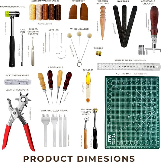 MINUS MUKYS Leather Working Kit Complete Leather Tools Set for Crafts Shoe Repair Kit Belts Includes Hole Puncher for Crafts Sewing Tools Awl Stitching Tool Cutting Mat Ideal for Beginners