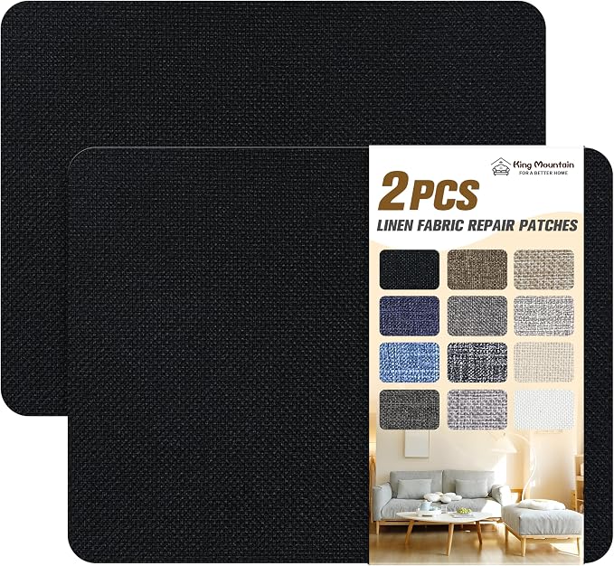 KING MOUNTAIN Coarse Linen Repair Patches, Self-Adhesive Linen Fabric Patches, 8X11 inch 2 PCS, Multi Color, Can be Used for Linen Sofa Repair(8" x 11"-2PCS,Black 1.0)