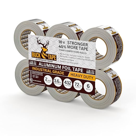 6 Pack Buck Aluminum Foil Tape – 2 Inch x 216ft (72 yd), 3.6 Mil – HVAC Tape for Ductwork, AC, Dryer Vents & Insulation – Silver Foil Tape for Metal Repair, Exhaust Sealing & Air Conditioning
