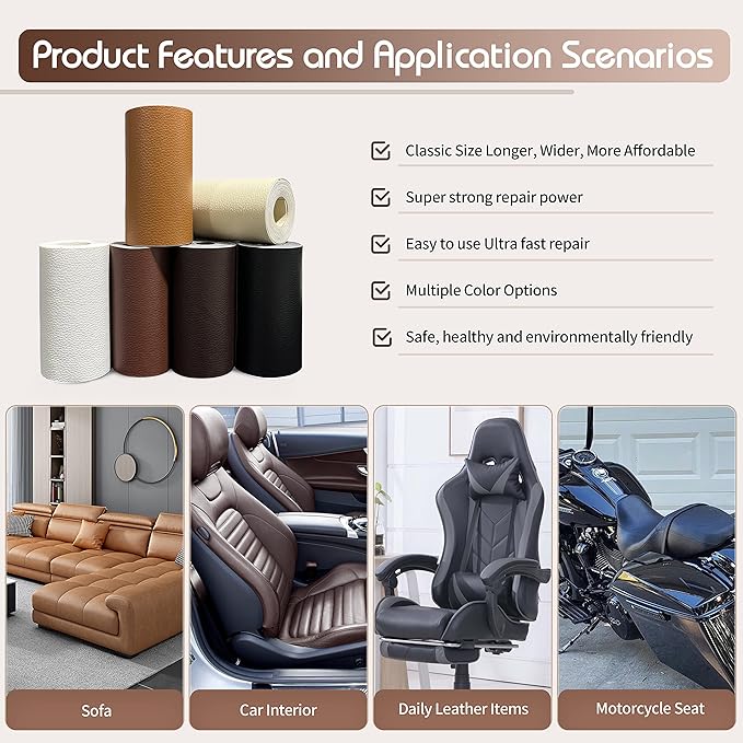 KING MOUNTAIN Leather Repair Patch,4 x 63 Inches self Adhesive Leather Repair Tape for Damaged Leather Furniture, Sofa Seating,Car Seats, Leather Goods (Medium Brown)