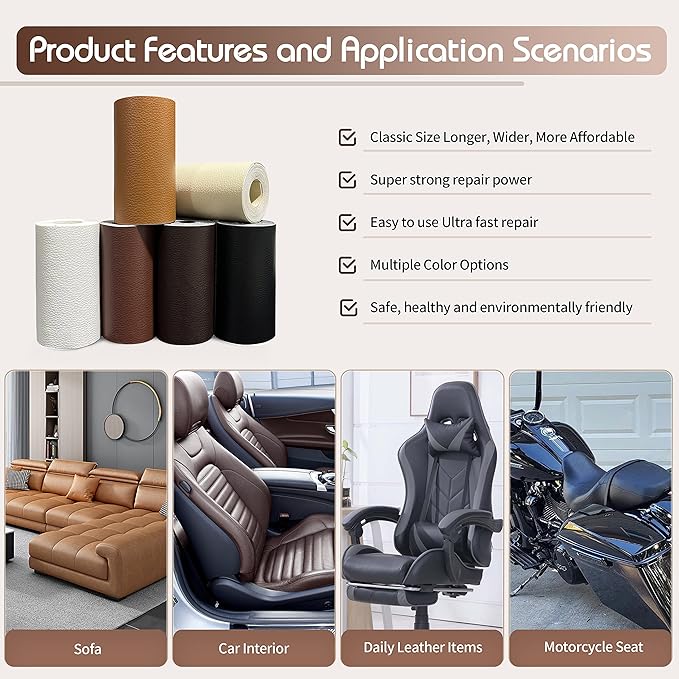 KING MOUNTAIN Leather Repair Patch,4 x 63 Inches self Adhesive Leather Repair Tape for Damaged Leather Furniture, Sofa Seating,Car Seats, Leather Goods(Light Grey)
