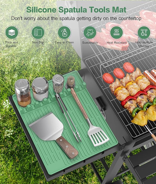 Silicone Grill Mat Compatible with Blackstone, BBQ Griddle Tools Mat with Drip Pad, Large Spatula Holder for Outdoor Kitchen Counter, Gifts for Men (Light Green)