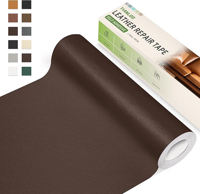 TIANLDD Leather Repair Tape,16 x 237 Inches Self Adhesive Leather Repair Patch，Leather Repair Kit for Furniture，Couches,Car Seats,Cabinets,Handbags(Dark Brown-Fine Lines)