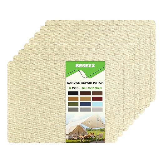 Besezx Canvas Repair Patch,Outdoor Gear Patch, 7.87x5.9 Inches 8PCS,Waterproof Self-Adhesive Fabric Repair Tape for Repairing Boat Covers,Sun Shades,Sofas,Tents,Lounge Chairs,Awnings (Light Beige)