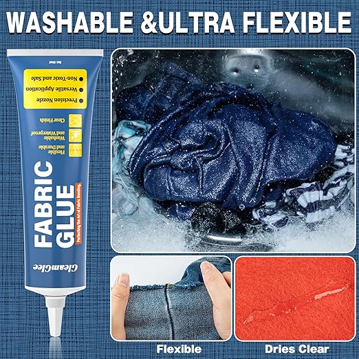 Fabric Glue, Permanent Extra Strong Clear Washable Fabric Adhesive for Clothing Repairs, Patches, Denim, Rhinestones, Felt, Crafts & Upholstery, 1.76 oz