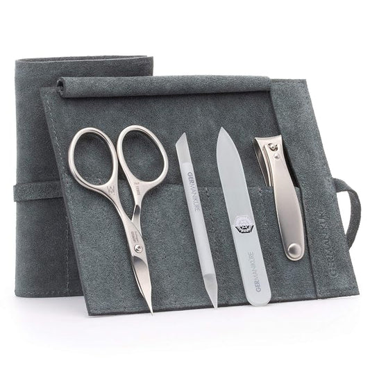 GERMANIKURE 4pc Mini Professional Manicure Set in Light Gray Suede Case - FINOX Stainless Steel Tools Made in Solingen Germany, Glass Nail Care Supplies Made in Czech Republic