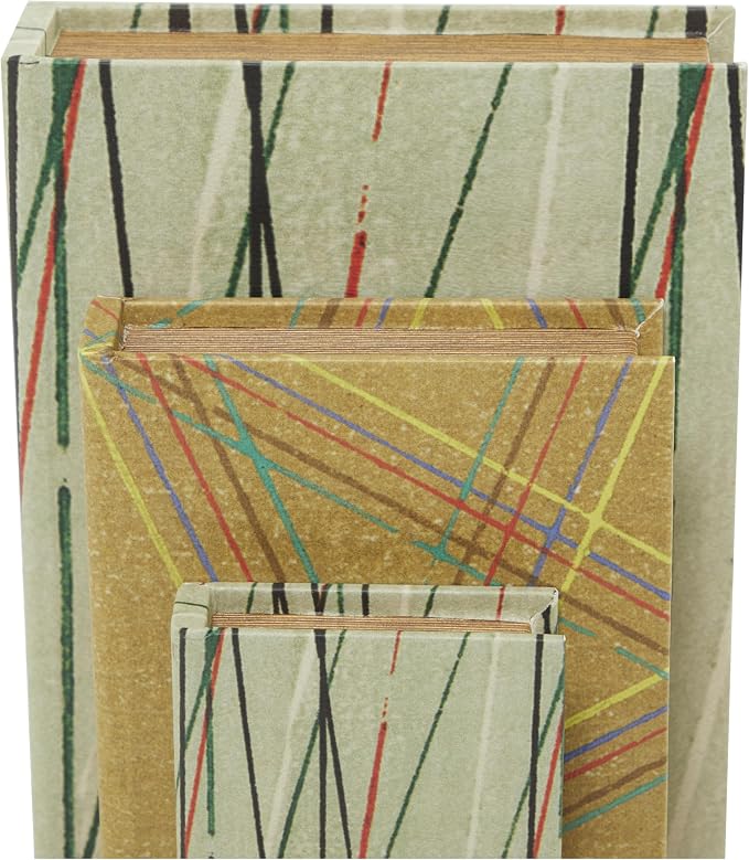 Deco 79 Faux Leather Abstract Decorative Box Faux Storage Book Book Shaped Boxes with Colorful Linear Patterns, Set of 3 Decorative Keepsake Boxes 12", 9", 6"H, Green