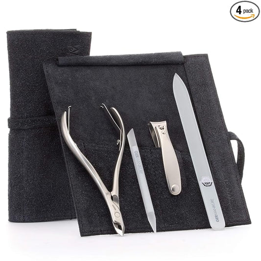 GERMANIKURE 4pc Manicure Set in Black Suede Case - FINOX Stainless Steel Tools Made in Germany, Glass Nail Care Supplies Made in Czech Republic – Professional Cuticle and Nail Care Kit