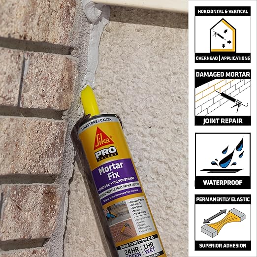 Sikaflex Mortar Fix, Limestone, Polyurethane sealant for Repairing Damaged Mortar, Joints and Gaps. Sealing Mortar Cracks 10.1 fl. oz Cartridge (Pack of 1)
