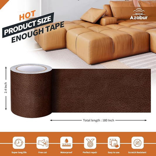 Azbour Leather Repair Tape Patch, 2.4''x15' Super Adhesive, Self-Adhesive Leather Patch for Restoration and Refurbishment of Sofas, Car Seats, Furniture, Vinyl Furniture, Chairs.（Red Brown）