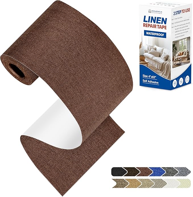 KING MOUNTAIN Linen Repair Patches, Self-Adhesive Linen Fabric Patches, 4 X 63 inch Extra Size, Multi Color, Can be Used for Linen Sofa Repair (Medium Brown)