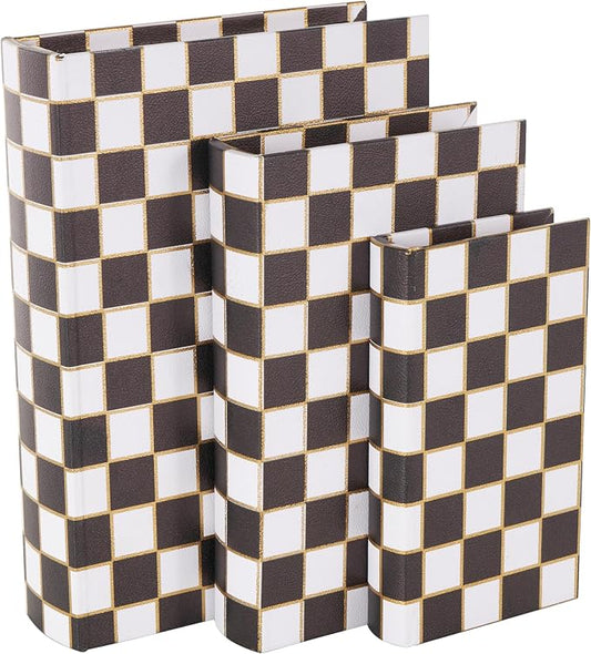 Deco 79 Faux Leather Decorative Box Faux Book Storage Book Shaped Boxes with Black and Gold Square Patterns, Set of 3 Decorative Keepsake Boxes 13", 11", 9"H, White