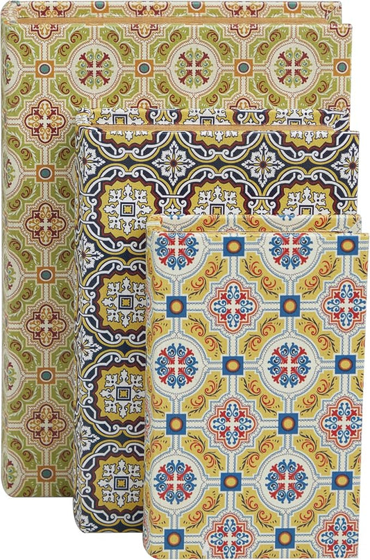 Deco 79 Canvas Decorative Box Storage Book Book Shaped Boxes with Arabesque Pattern and Gold Page Inspired Detail, Set of 3 Decorative Keepsake Boxes 12", 10", 8"H, Multi Colored