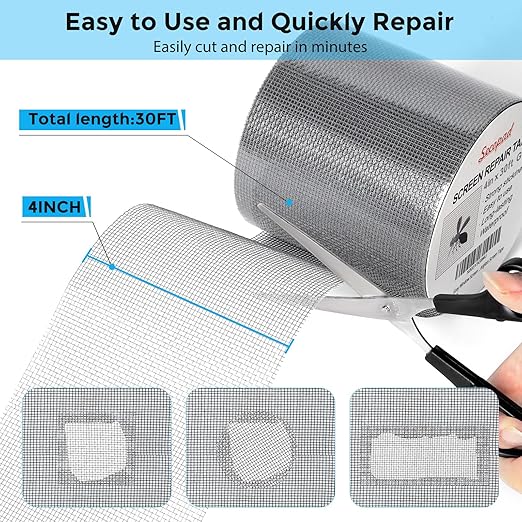 Secopad Grey Window Screen Repair Kit, 4 in X 30 FT (360IN) Screen Repair Tape for Windows or Doors, Strong Adhesive Fiberglass Mesh Patch Tape