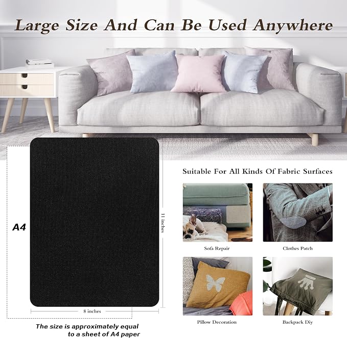 KING MOUNTAIN Fine Linen Repair Patches, Self-Adhesive Linen Fabric Patches, 8X11 inch Extra Size, Multi Color, Can be Used for Linen Sofa Repair (Black,8" x 11")