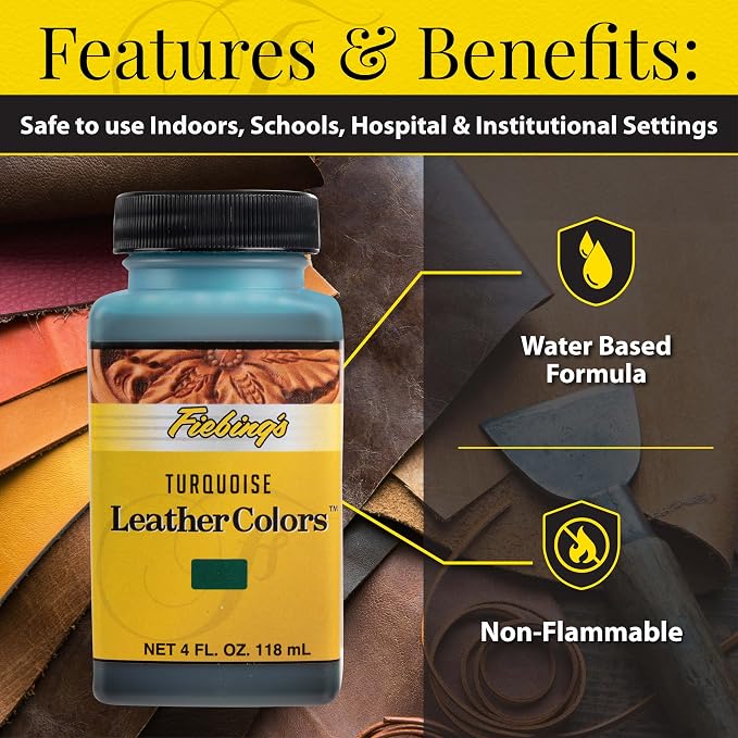 Fiebing's LeatherColors (4 Fl Oz, Turquoise) - Leather Dye for Natural Leather - Water-Based, Non-Flammable Formula - Permanent & Penetrating Color for Shoes, Boots, Furniture - Safe for Institutions